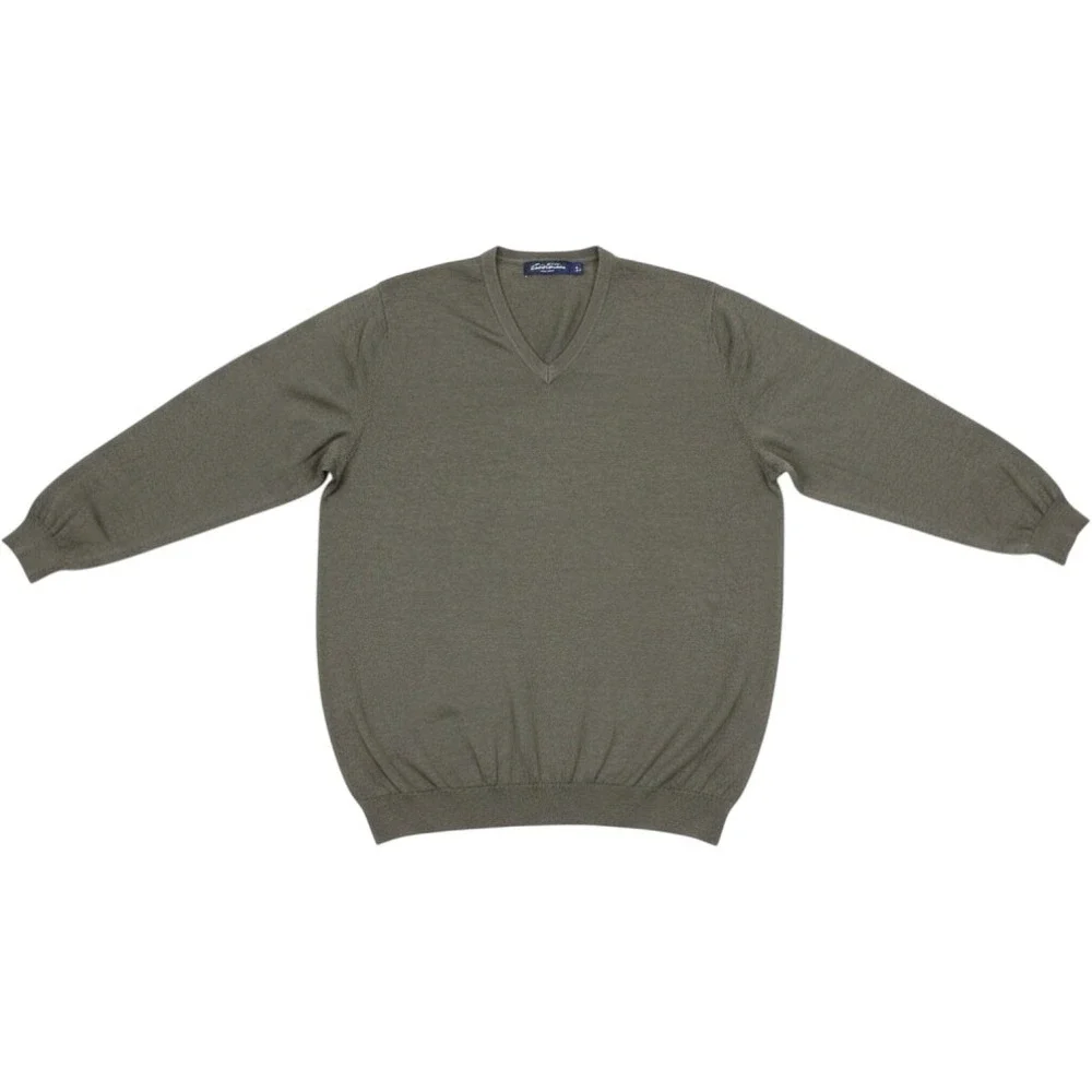 Brooks Brothers Italian Merino Wool Stretch V-Neck Sweater Mens L Olive Green